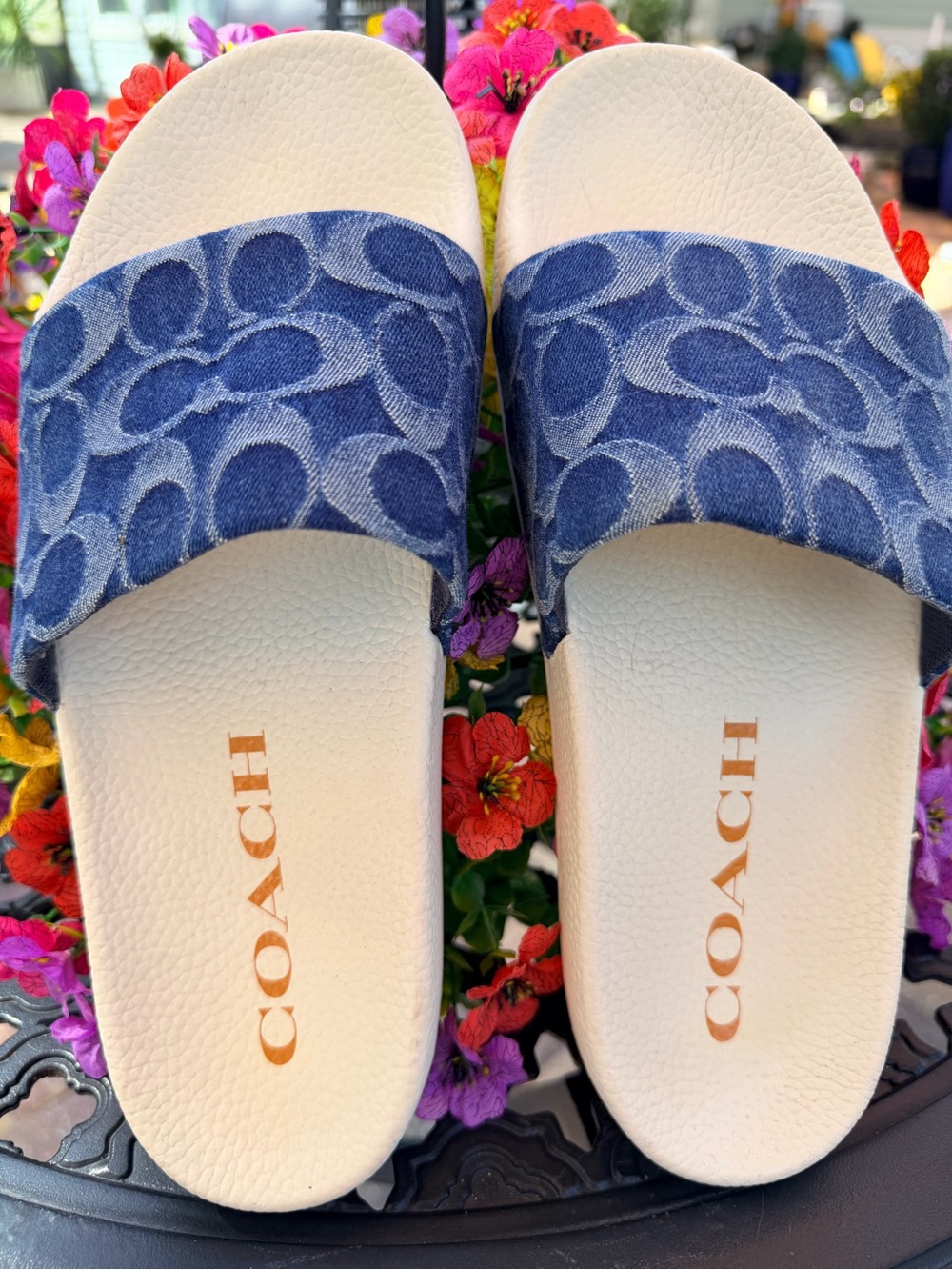 Coach White and Blue Denim Signature Slide Sandals